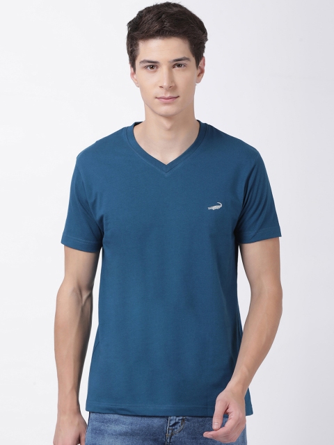 

Crocodile Men Teal Blue Solid V-Neck T-shirt
