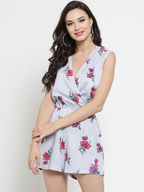 

Sera White & Blue Floral Printed Striped Playsuit