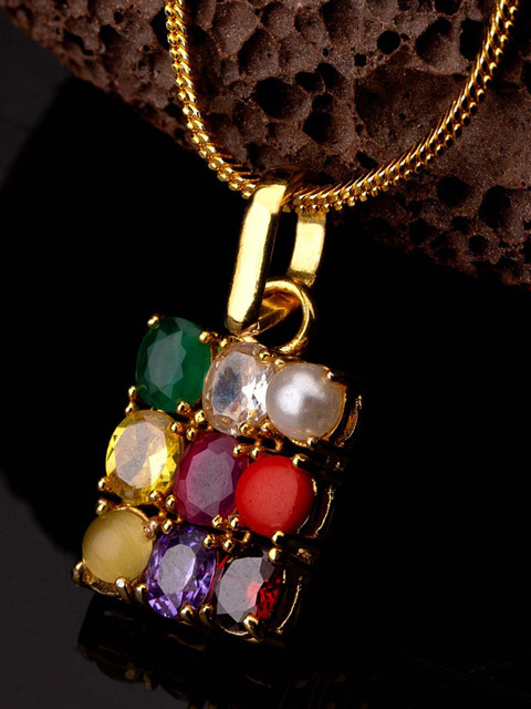 

Dare by Voylla Men Gold-Plated & Multicoloured CZ-Studded Rectangular-Shaped Pendant With Chain