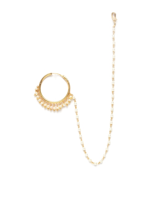 

ARADHYAA JEWEL ARTS Women Gold-Toned & White Pearl Beaded Nose Ring With Chain