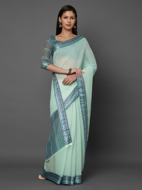 

Mitera Women Blue Printed Silk Cotton Saree