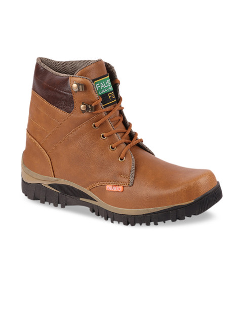 

FAUSTO Men Tan Brown Colourblocked Synthetic Leather Mid-Top Flat Boots