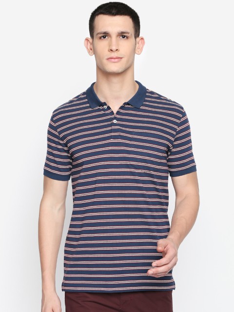

BYFORD by Pantaloons Men Navy Blue & Red Striped Polo Collar T-shirt