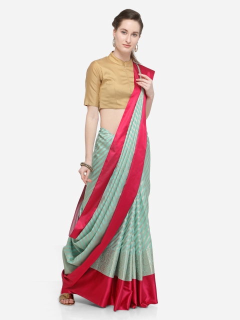 

Varkala Silk Sarees Turquoise Blue & Turquoise Blue Silk Blend Striped Leheriya Saree
