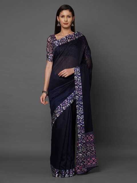 

Mitera Navy Blue Printed Silk Cotton Saree