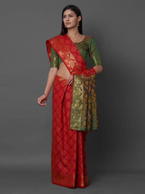 

Mitera Red & Green Silk Blend Woven Design Banarasi Saree