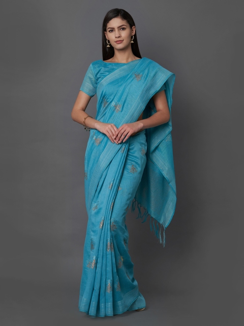 

Mitera Blue Printed Linen Blend Saree