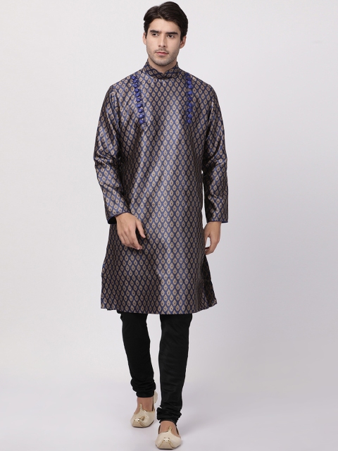 

VASTRAMAY Men Navy Blue & Black Woven Design Kurta with Pyjamas