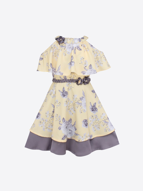 

CUTECUMBER Girls Yellow & Grey Printed Fit and Flare Dress