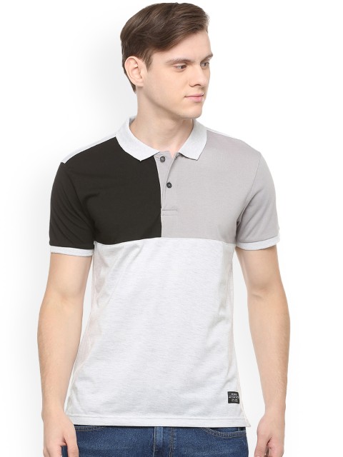 

People Men Grey Colourblocked Polo Collar T-shirt