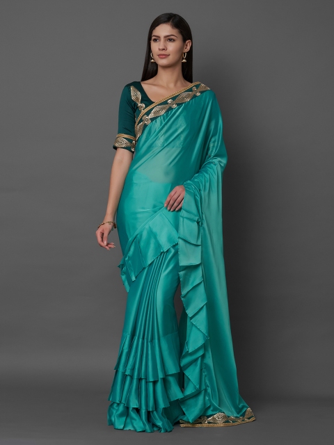 

Mitera Sea Green Solid Poly Georgette Ruffle Saree