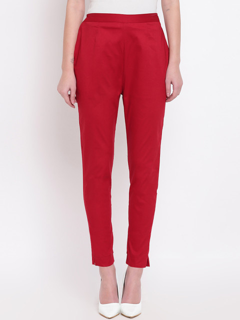 

RIVI Women Maroon Pencil Slim Fit Solid Regular Trousers