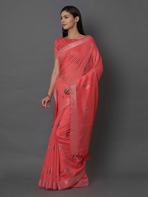 

Mitera Peach-Coloured Printed Linen Blend Saree