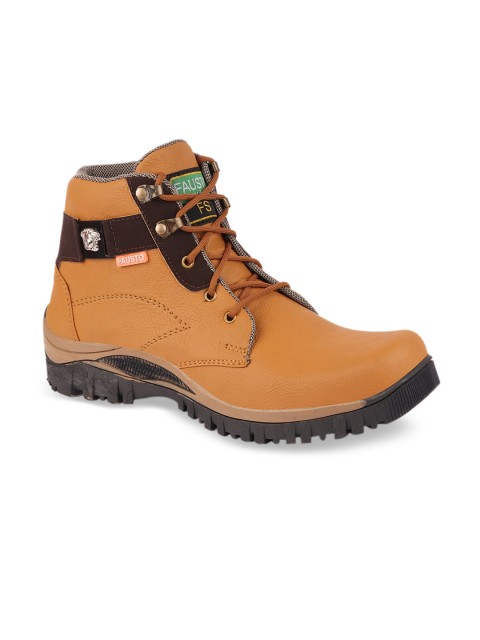 

FAUSTO Men Tan Brown Solid Synthetic Leather Mid-Top Flat Boots