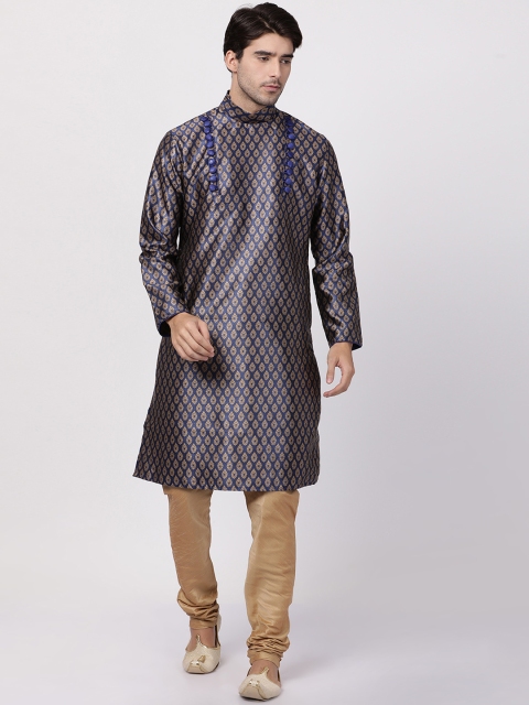 

VASTRAMAY Men Navy Blue & Beige Woven Design Kurta with Pyjamas