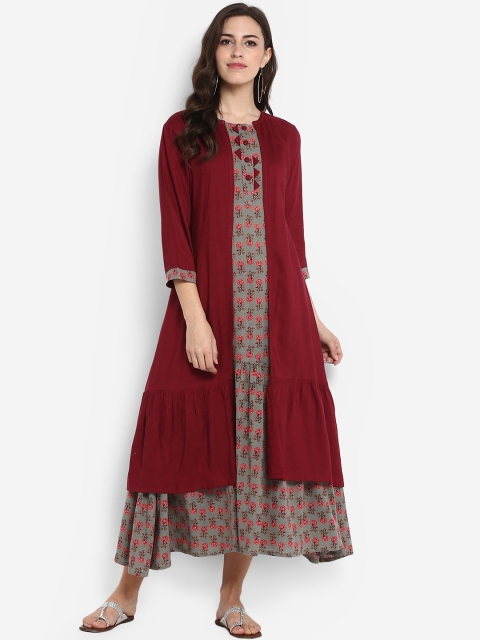 

Meeranshi Women Maroon Printed Drop-Waist Dress