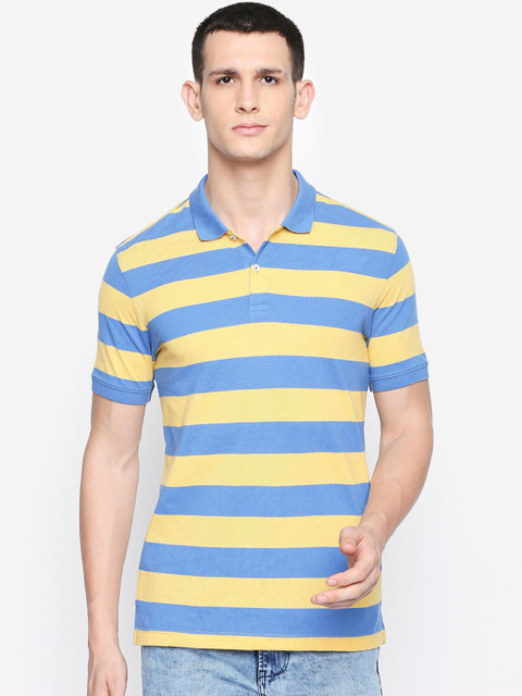 

BYFORD by Pantaloons Men Yellow & Blue Striped Polo Collar T-shirt