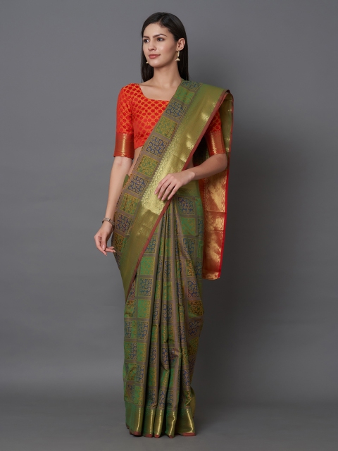 

Mitera Olive Green & Orange Silk Blend Woven Design Banarasi Saree
