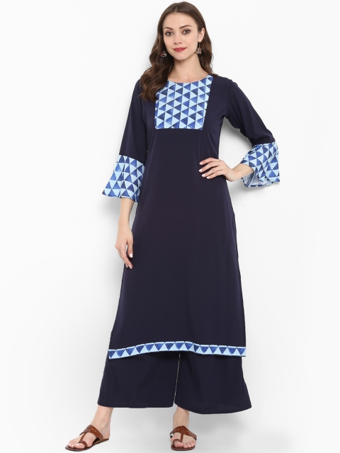 

ZIYAA Women Navy Blue Yoke Design Straight Kurta