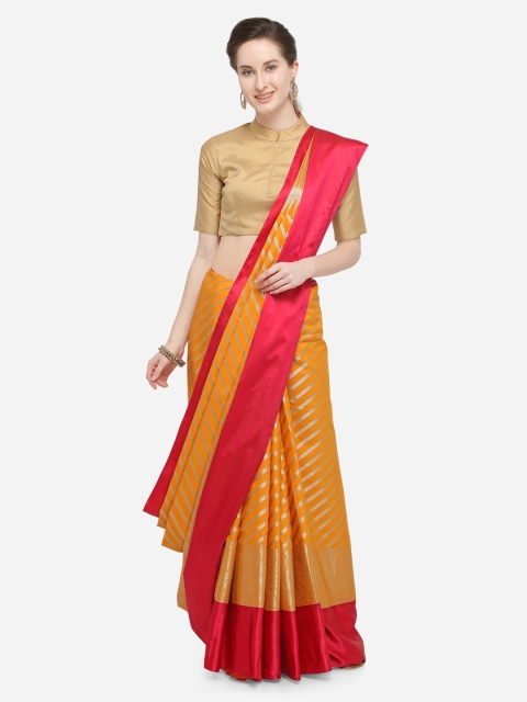 

Varkala Silk Sarees Orange & Red Silk Blend Woven Design Leheriya Saree
