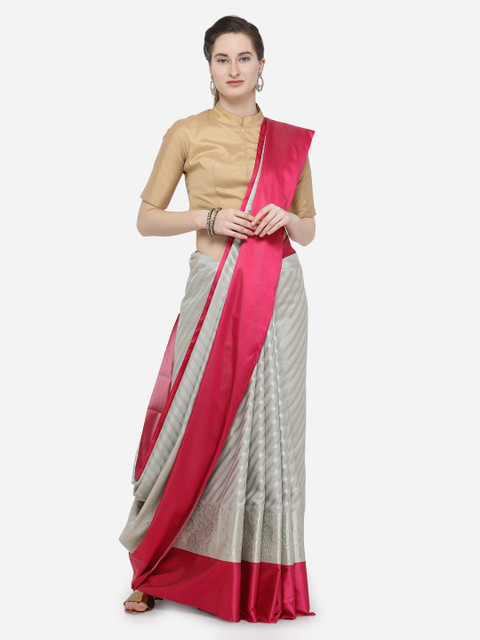 

Varkala Silk Sarees Grey & Pink Silk Blend Striped Leheriya Saree