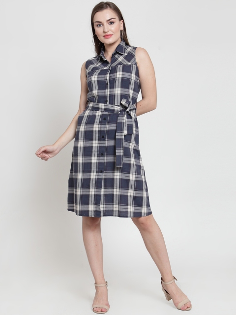 

WESTCLO Women Navy Blue & Off-White Checked Shirt Dress