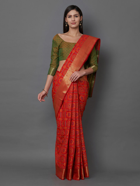 

Mitera Women Red & Green Silk Blend Woven Design Banarasi Saree