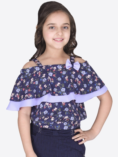 

CUTECUMBER Girls Navy Blue Printed Cape Top