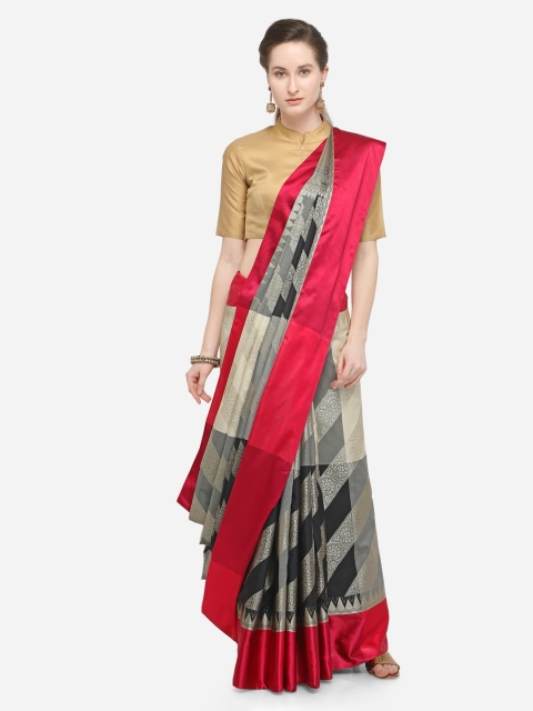 

Varkala Silk Sarees Women Black & White Silk Blend Woven Design Leheriya Saree