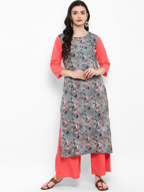 ZIYAA Women Grey & Coral Pink Printed Straight Kurta