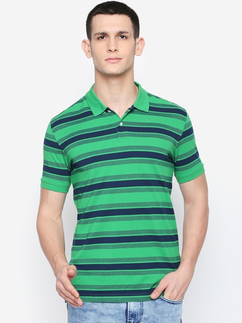 

BYFORD by Pantaloons Men Green & Navy Blue Striped Polo Collar T-shirt