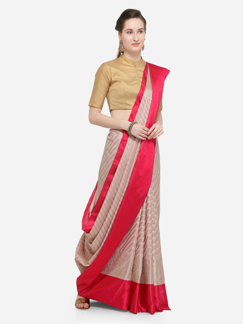 

Varkala Silk Sarees Women Peach-Coloured & Pink Silk Blend Woven Design Leheriya Saree