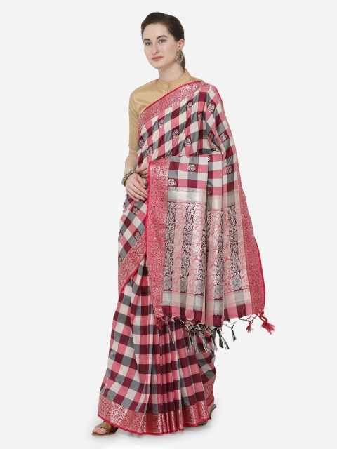 

Varkala Silk Sarees Magenta & Red Silk Blend Checked Banarasi Saree