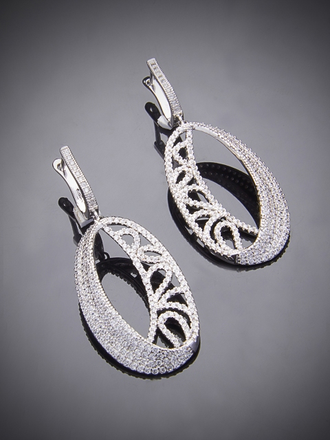 

shaze Women Silver-Toned CZ Stone-Studded Oval Drop Earrings