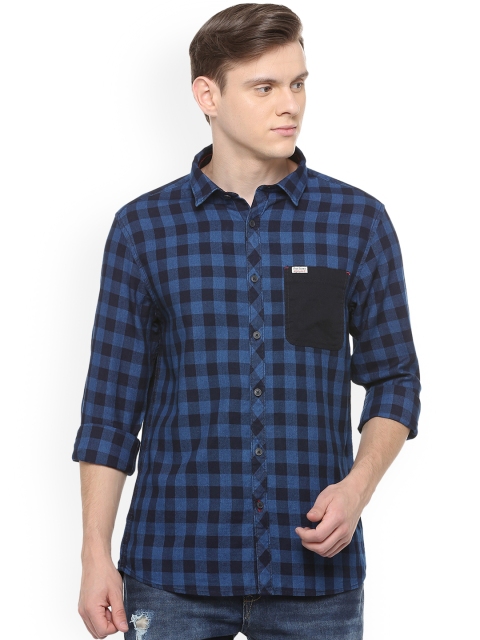 

People Men Navy Blue Regular Fit Checked Casual Shirt