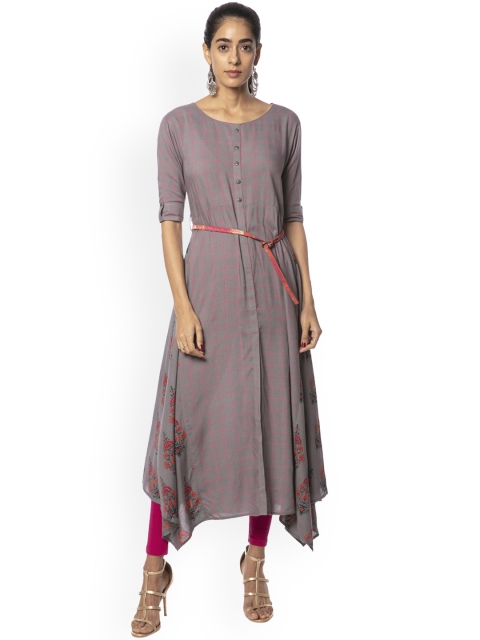 

Soch Women Grey Checked Asymmetric A-Line Kurta