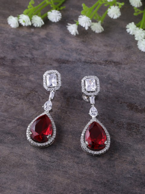 

Shoshaa Red & Silver-Toned Teardrop Shaped Drop Earrings