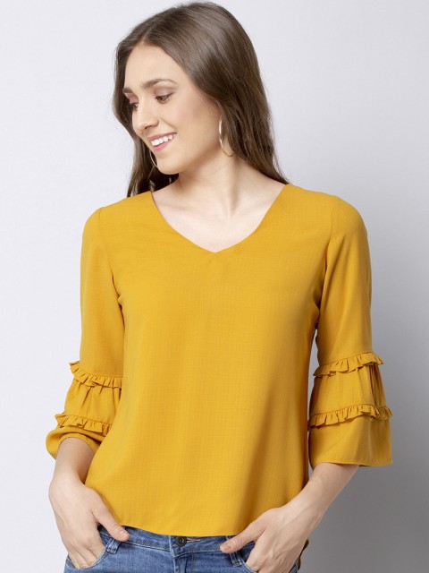 

FabAlley Women Mustard Solid High-Low Top
