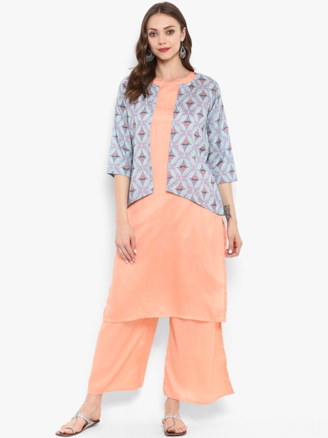 

ZIYAA Women Peach-Coloured Solid Straight Kurta with Jacket