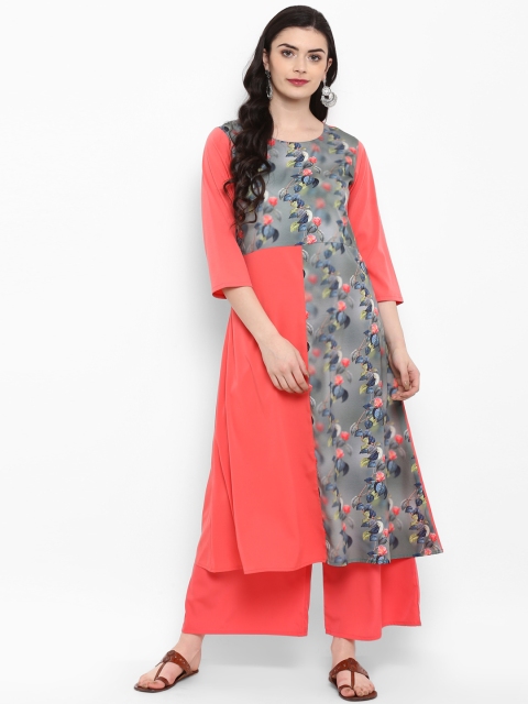 

ZIYAA Women Peach-Coloured & Grey Printed A-Line Kurta