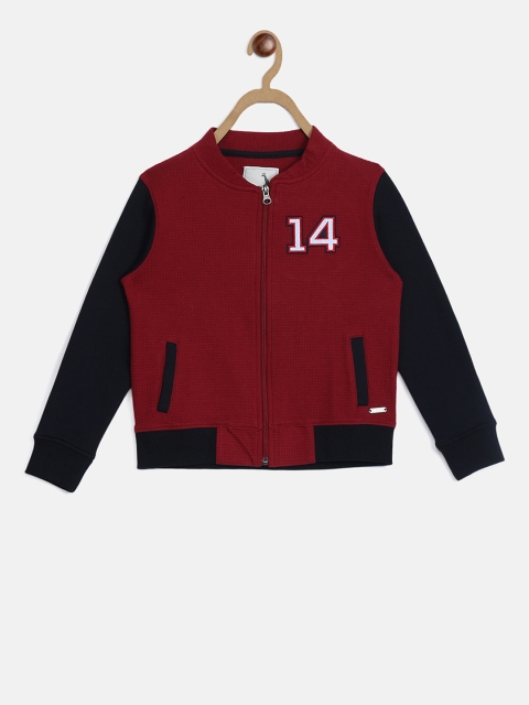 

Blue Giraffe Boys Maroon & Navy Blue Self Design Sweatshirt