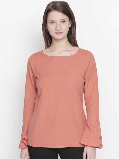 

109F Women Coral Pink Solid A-Line Top
