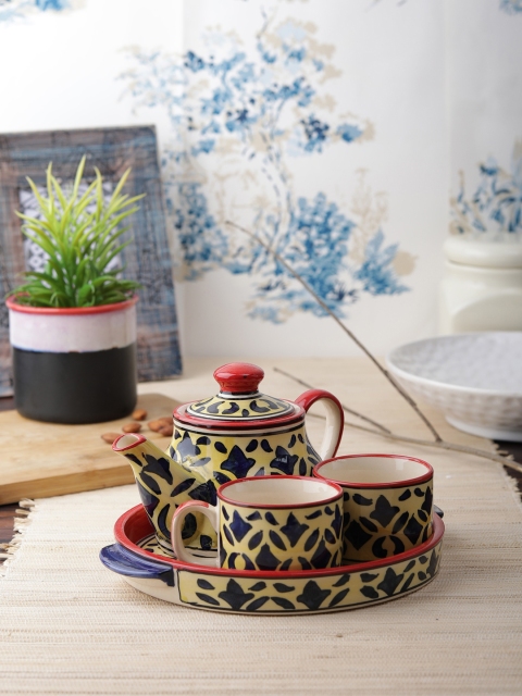 

VarEesha Set of 4 Printed Ceramic Tea Pot with Cups and Tray Gift Set, Yellow