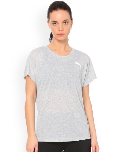 

Puma Women Grey Self Design Round Neck ACTIVE ESS Mesh Heather T-shirt