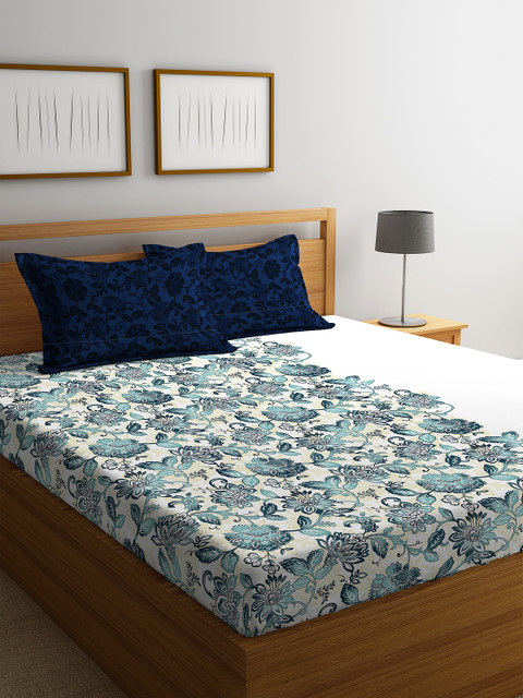 

Portico New York White & Blue Floral 144 TC Cotton 1 Queen Bedsheet with 2 Pillow Covers