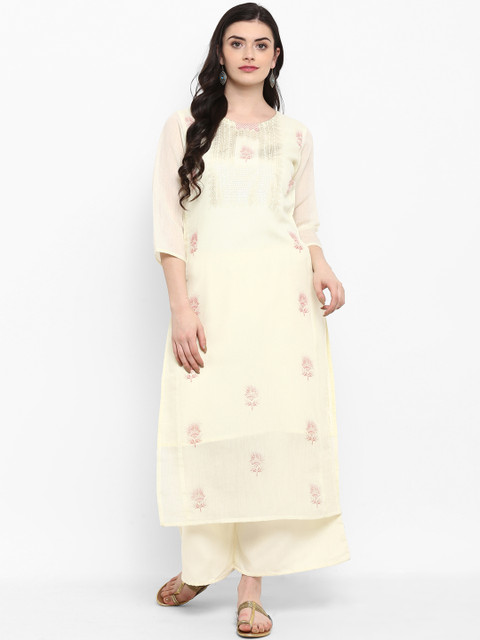 

ZIYAA Women Cream-Coloured Embroidered Straight Kurta