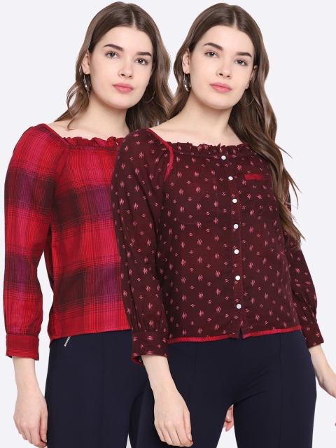 

Texco Women Red & Burgundy Pack of 2 Regular Fit Printed Casual Shirt