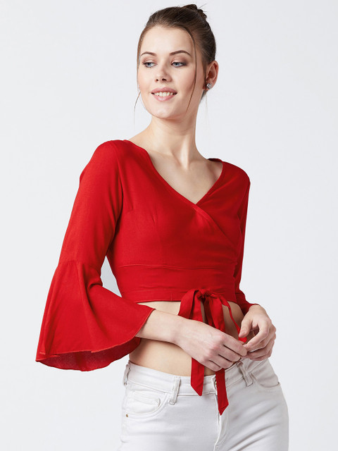 

U&F Women Red Solid Crop Wrap Top