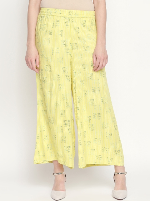 

RANGMANCH BY PANTALOONS Women Lime Green & Yellow Striped Flared Palazzos
