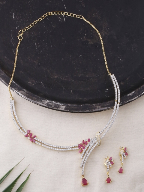 

Voylla Women Gold-Plated, White & Pink CZ Stone-Studded Jewellery Set